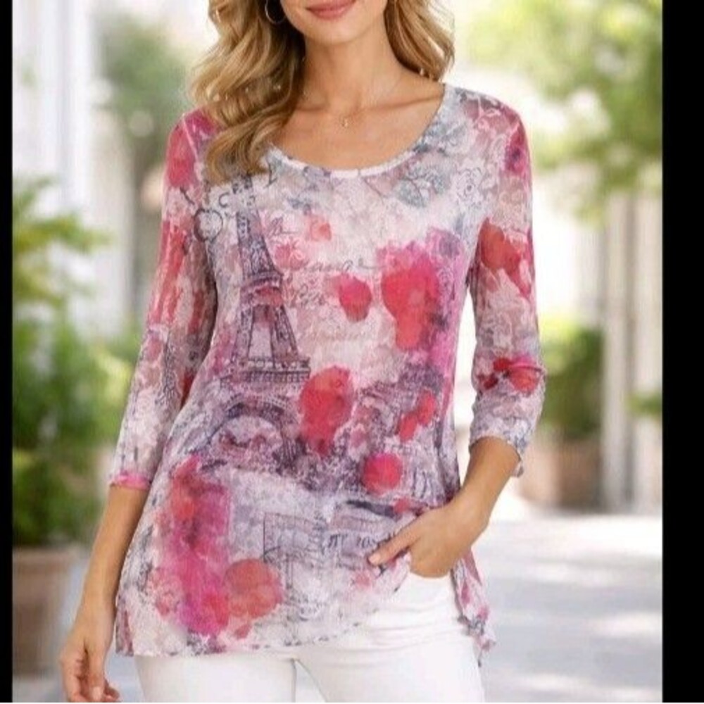 Citi Life Sheer Blouse Paris Design Floral 3/4 Sleeve Size L USA